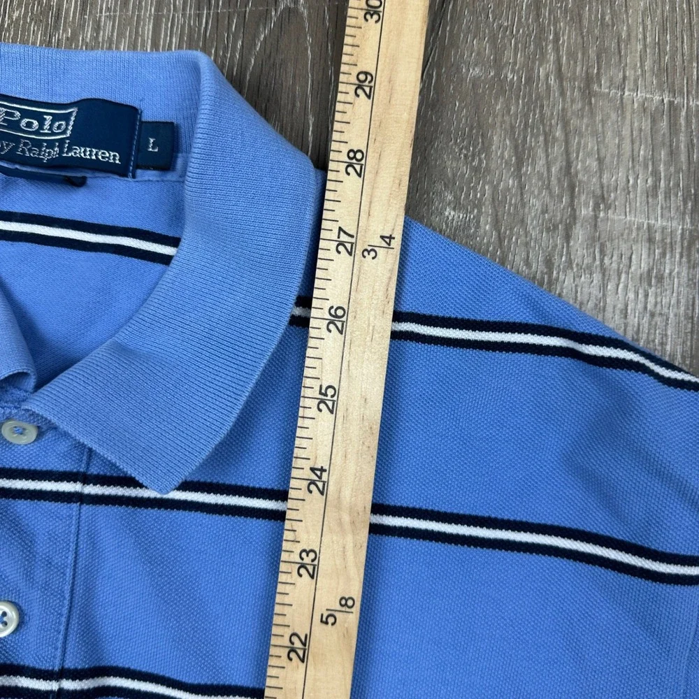 Polo Ralph Lauren Mens Large Blue Striped Short Sleeve Cotton Pique Polo Shirt